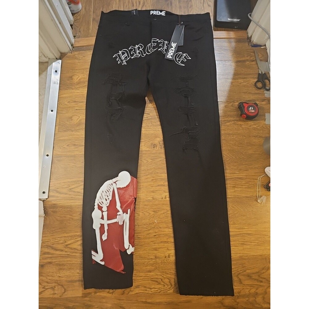 NWT Preme Jeans Men’s 42x34 Black Distressed Skeleton Goth Grunge Denim Spellout